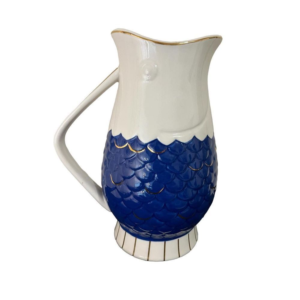 NWT Threshold Fish Nautical Beach Vase Pitcher (blue, white, gold)